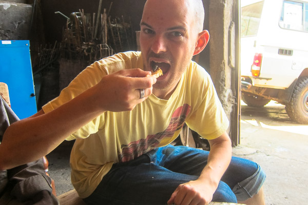 Eating caterpillars with baguette in Bangui, CAR