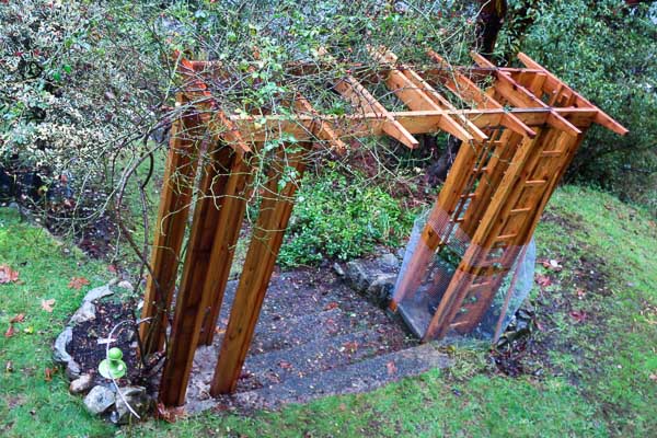 Rose arbour with top installed, Bowen Island, BC