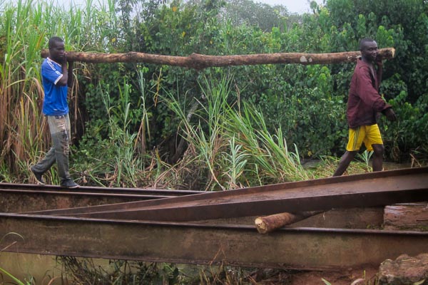Two men carry a log for bridge repair near Grimari, Central African Republic