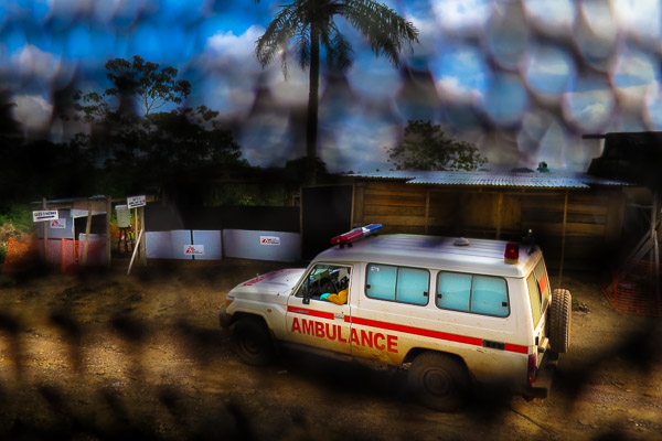 An ambulance arrives carrying suspected Ebola patients in Kailahun, Sierra Leone