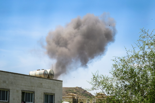 Smoke cloud after an airstrike in Taiz, Yemen