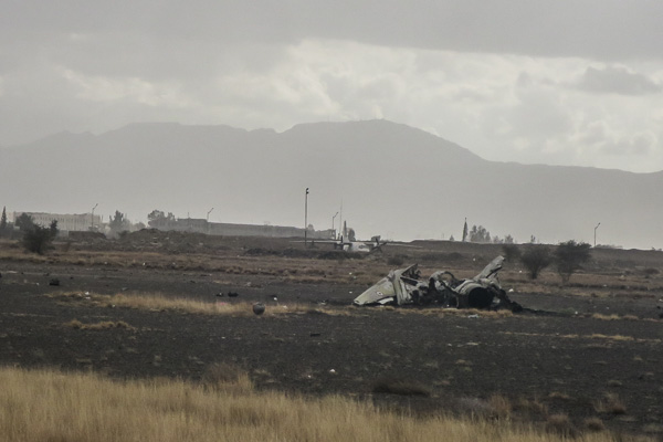 Destroyed fighter jet at Sana'a International Airport, Yemen