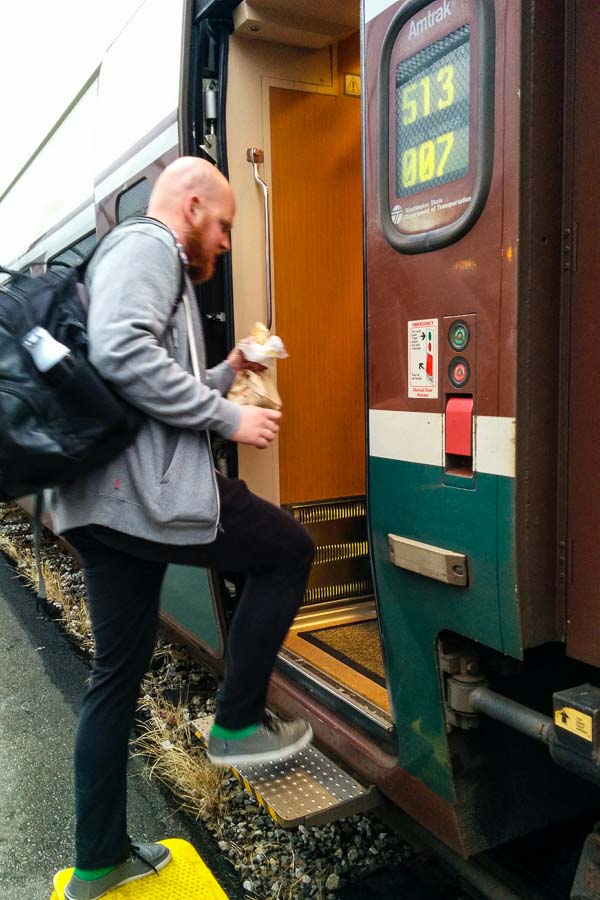 Stash boarding the train for Portland